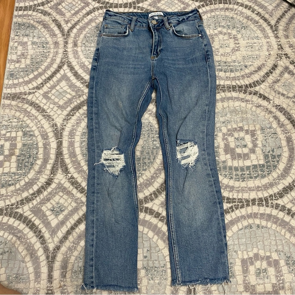 Anine Bing Blue Straight Leg Jeans with Distressed Details